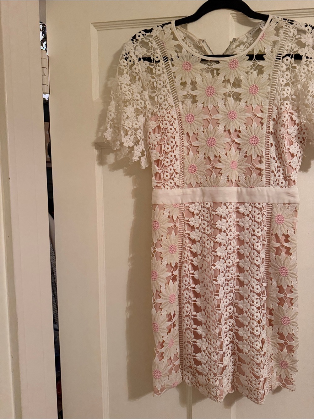 White Lace Floral Overlay Dress with Pink Accents